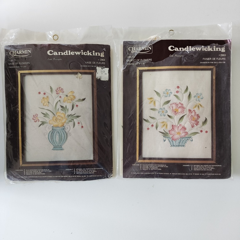 2 Charmin Candlewicking Embroidery Kit Set‎ 2 Vase Basket Flowers Vintage 8x10